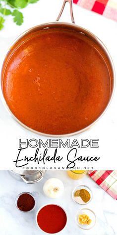 homemade enchilada sauce in a pan with ingredients on the side and title overlay