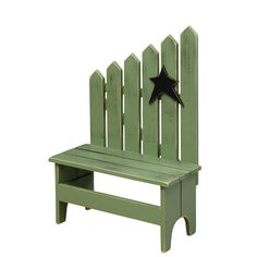 a green bench with a black star on it's back and bottom part sitting in front of a white background