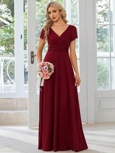 Burgundy  Collar Short Sleeve Woven Fabric Plain A Line Embellished High Stretch  Weddings & Events Maxi Dresses Formal, Stunning Bridesmaid Dresses, Elegant Maxi Dress, Ever Pretty, Bridesmaid Dresses Prom, Bridesmaid Gown, Versatile Dresses, Knit Mini Dress, Bride Dress