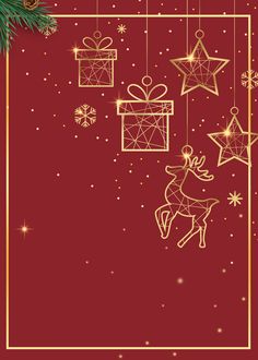 a red christmas card with gold ornaments hanging from it's sides and an ornament in the middle