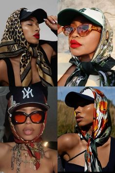 Cool 90s Aesthetic, Snapback Women Outfits, Ny Fitted Hat Outfit Black Women, Scarf And Glasses Aesthetic, Headscarf Styles Outfit, La Cap Outfit Street Style, Scarf Over Fitted Hat, Fall Baseball Hat Outfits For Women, Outfit With Trucker Hats For Women