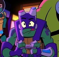 an animated character with purple hair and green eyes standing in front of two other characters