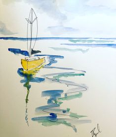 a painting of a yellow boat in the water