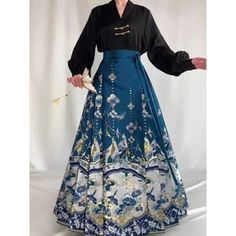 Lasaky - Upgraded Traditional Hanfu Horse-Face Skirt and Top Ensemble Face Skirt, Outfit Upgrade, Best Winter Outfits, Horse Face, Skirt And Top, Midi Skirts, Modest Fashion Outfits, Two Piece Outfit, High Waisted Denim