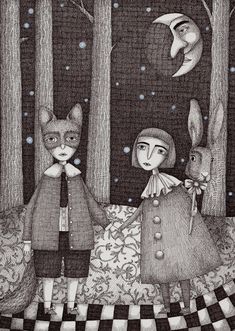 a drawing of two people standing in the woods with cats and rabbits around them,