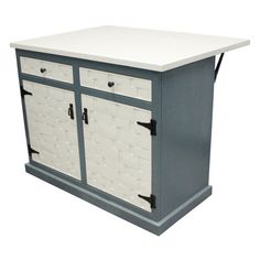 a white and gray cabinet with drawers