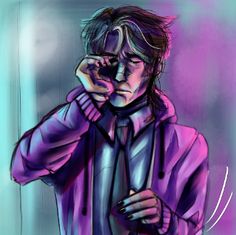 a drawing of a man in a purple shirt and tie talking on a cell phone