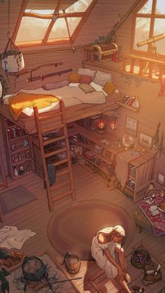 an artist's rendering of a bedroom with bunk beds and other items on the floor