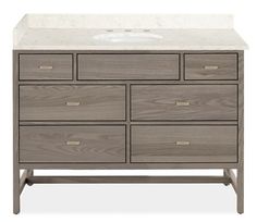 an image of a bathroom vanity with marble counter top and grey wood finish drawers on white background