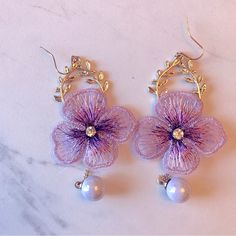 Purple Fabric Flower Earrings Metal Ivy Lilac Lavender Violet Flower Jewelry, Fabric Flower Earrings, Purple Flower Headband, Tangled Flower, Isabela Madrigal, Lilac Earrings, Debut Ideas, Lavender Earrings, Purple Accessories