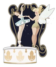 two women dressed as tinkerbells standing on top of a cake with an angel above it