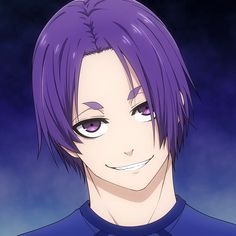 an anime character with purple hair and blue eyes