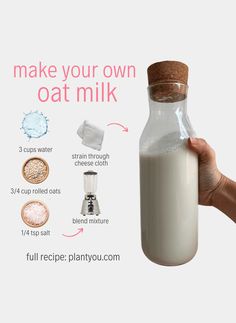 a hand holding a glass bottle filled with milk and ingredients to make your own oat milk