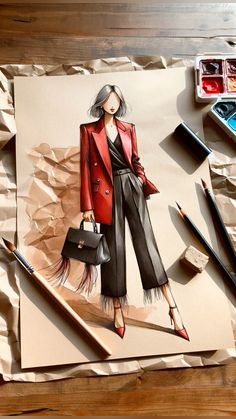 a drawing of a woman in a red coat and black pants holding a handbag