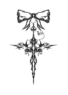 a black and white drawing of a cross with a bow