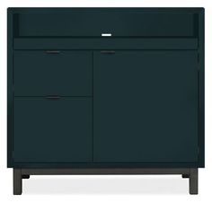 the sideboard is dark green and has two drawers, one with an open door