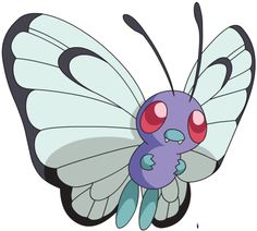 a cartoon butterfly with pink eyes and black wings