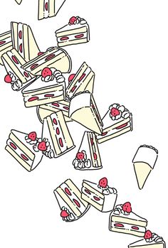 a drawing of several pieces of cake falling into the air with cherries on them