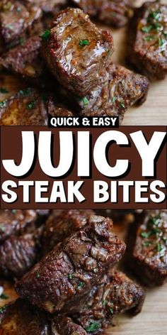 juicy steak bites on a cutting board with the title quick and easy juicy steak bites