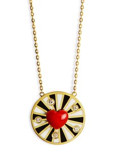 Love today and everyday. Vivid hand painted enamel and diamonds make an eye catching statement on this yellow necklace from L'atelier Nawbar. Handcrafted in 18-karat yellow gold. Detailed in enamel and diamond. Charm measures .5cm in diameter. Necklaces measures 16-in long. Finished with a spring ring clasp. Birds Yellow, Yellow Necklace, Yellow Gold Jewelry, Diamond Charm, Yellow Gold Pendants, Gold Pendant Necklace, Love Birds, An Eye, Spring Rings