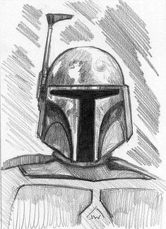 a pencil drawing of a boba fett helmet