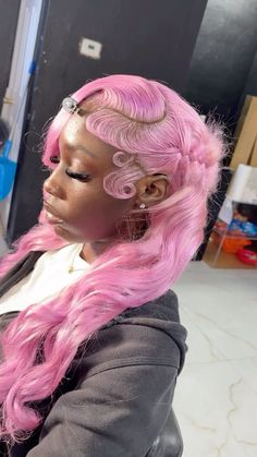 Pink Birthday Hair, Pink And Blue Hair Black Women, Colored Wig Installs, Colorful Hair Black Women, Light Pink Hair Black Women, Light Pink Braids, Wig Hairstyles Curly, Lace Fronts