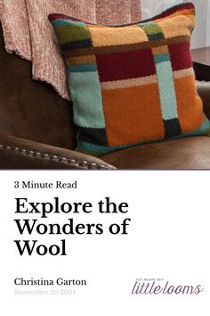 a brown chair with a pillow on top of it and the words explore the wonders of wool