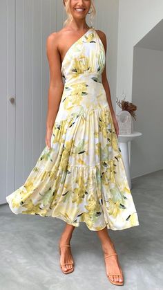 Maxi dress One shoulder  Knot detail in shoulder strap Gathered feature on bust and waist Yellow Floral Maxi Dress, Mix & Match, Cake Skirt, Casual Sundress, Bali Wedding, Pleated Midi Dress, Long Summer Dresses, Tiered Maxi Dress, Vestido Casual