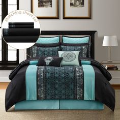 black and teal bedding set with matching pillows