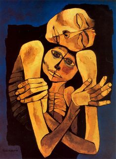 a painting of two people holding each other