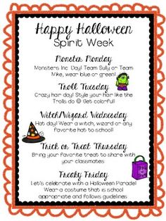 an orange and black halloween party menu with the words happy halloween, spook it's week