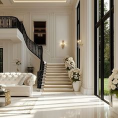 a living room with white furniture and flowers in vases on the floor next to stairs