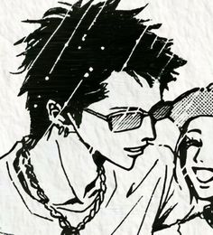 a black and white drawing of two people wearing glasses, one with his arm around the other's head