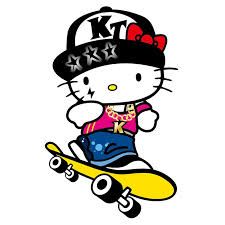 a hello kitty skateboarder in the air with her hat on top of her head