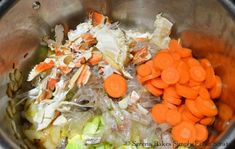 carrots, celery and cabbage are mixed together in the pot to cook