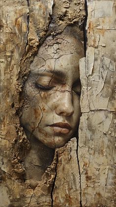 a painting of a woman's face is shown through the bark of a tree