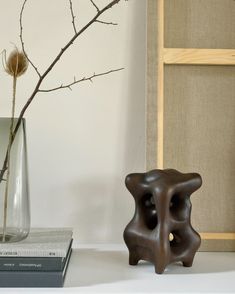 a vase with some branches in it next to a book and a plant on a shelf