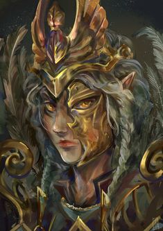 a digital painting of a woman with gold hair and an elaborate headdress on her face