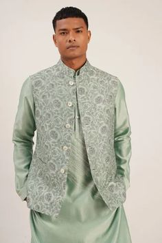 Shop for Dhruv Vaish Green Raw Silk Thread Embroidered Jawahar Jacket for Men Online at Aza Fashions Silk Fitted Outerwear For Eid, Festive Silk Outerwear With Chikankari Embroidery, Transitional Silk Nehru Jacket With Intricate Embroidery, Transitional Nehru Jacket With Intricate Embroidery In Silk, Embroidered Silk Nehru Jacket For Transitional Season, Transitional Embroidered Silk Nehru Jacket, Silk Nehru Jacket With Cutdana For Transitional Season, Festive Silk Nehru Jacket With Chikankari Embroidery, Transitional Silk Nehru Jacket With Cutdana