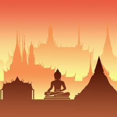 the silhouette of a buddha statue in front of a cityscape with buildings and spires