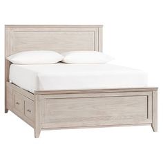 a bed with two drawers underneath it and white sheets on the headboard, in front of a white background