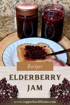 the recipe for elderberry jam is displayed on a plate