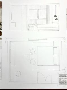 a drawing of a living room and kitchen area with furniture on the floor in it