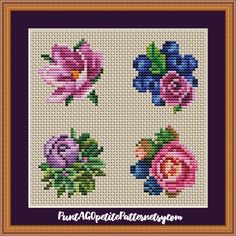 cross stitch pattern with four different flowers on the front and one flower in the back