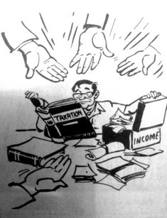 a cartoon drawing of two people shaking hands over a box with money coming out of it