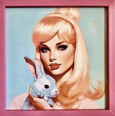 a painting of a woman holding a bunny in front of her face with long blonde hair