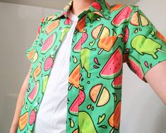 Cool off from the summer heat with this delicious ice pop patterned button up! The fabric is 100% polyester, which has a smooth and slightly silky feel. Please check the last image for sizing! All measurements are in CENTIMETERS. The chest measurement is across the chest from armpit to armpit. The modeled photos show a size small shirt on a 5'5" body. Color of the actual product may vary slightly from it how looks on-screen. Please note that apparel items cannot be returned or exchanged. Ice Pop, Drawing Clothes, Body Color, Summer Heat, Cool Clothes, Character Outfits, Look Cool, Button Up Shirt, Aesthetic Clothes