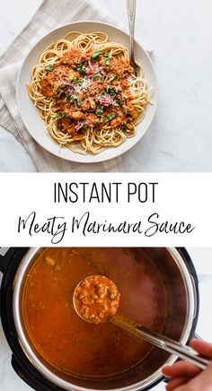 instant pot meal with meaty marinara sauce in it and the title overlay reads instant pot meal