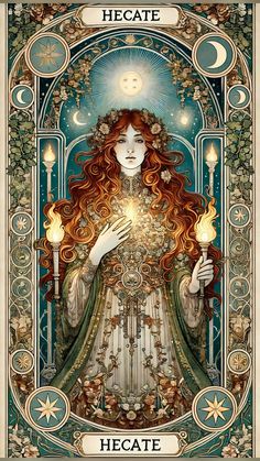 a woman with long red hair holding a lit candle in her hand and surrounded by stars