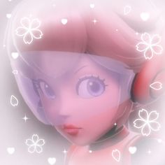 a cartoon girl with pink hair and blue eyes wearing headphones in front of white hearts